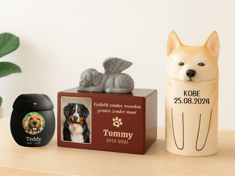 Drie hondenurnen op een tafel voor Teddy, Tommy en Kobe, met verschillende stijlen en maten voor huisdieras en herdenkingen.